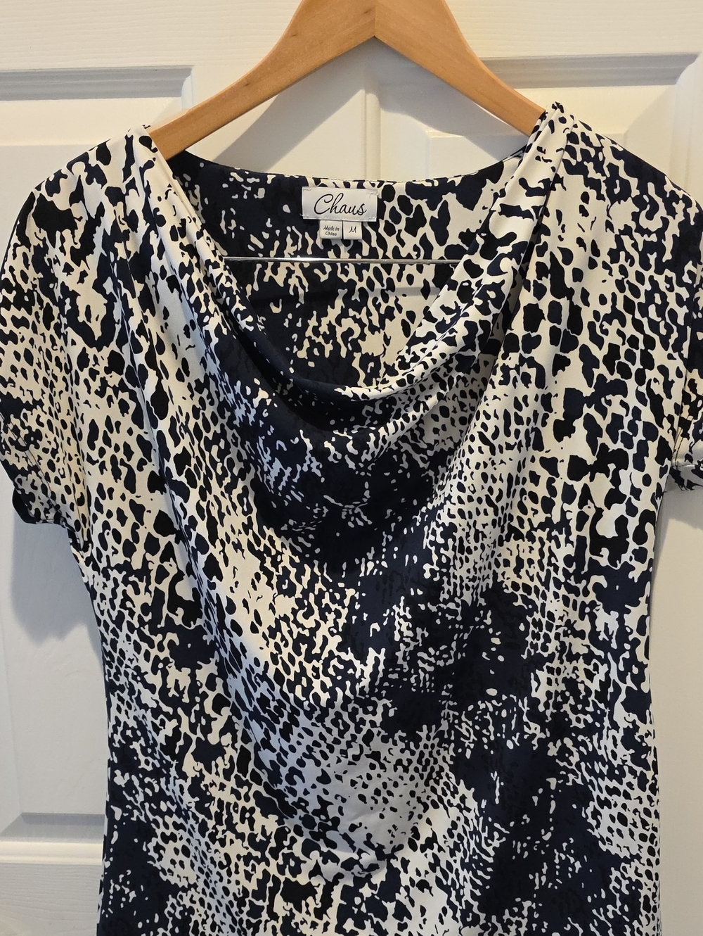 Chaus Black and White Abstract Cowl Neck Short Sleeve Top